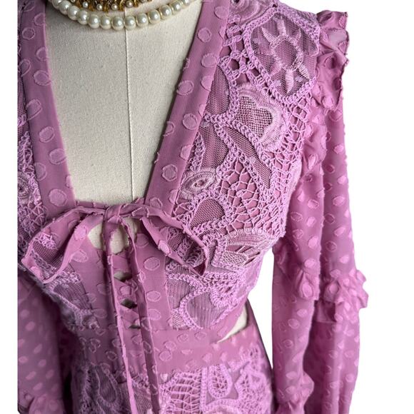 Alexis Zendaya Lace Crochet Cut Out Long Sleeve Dress Lilac Macrame size XS - Picture 7 of 15